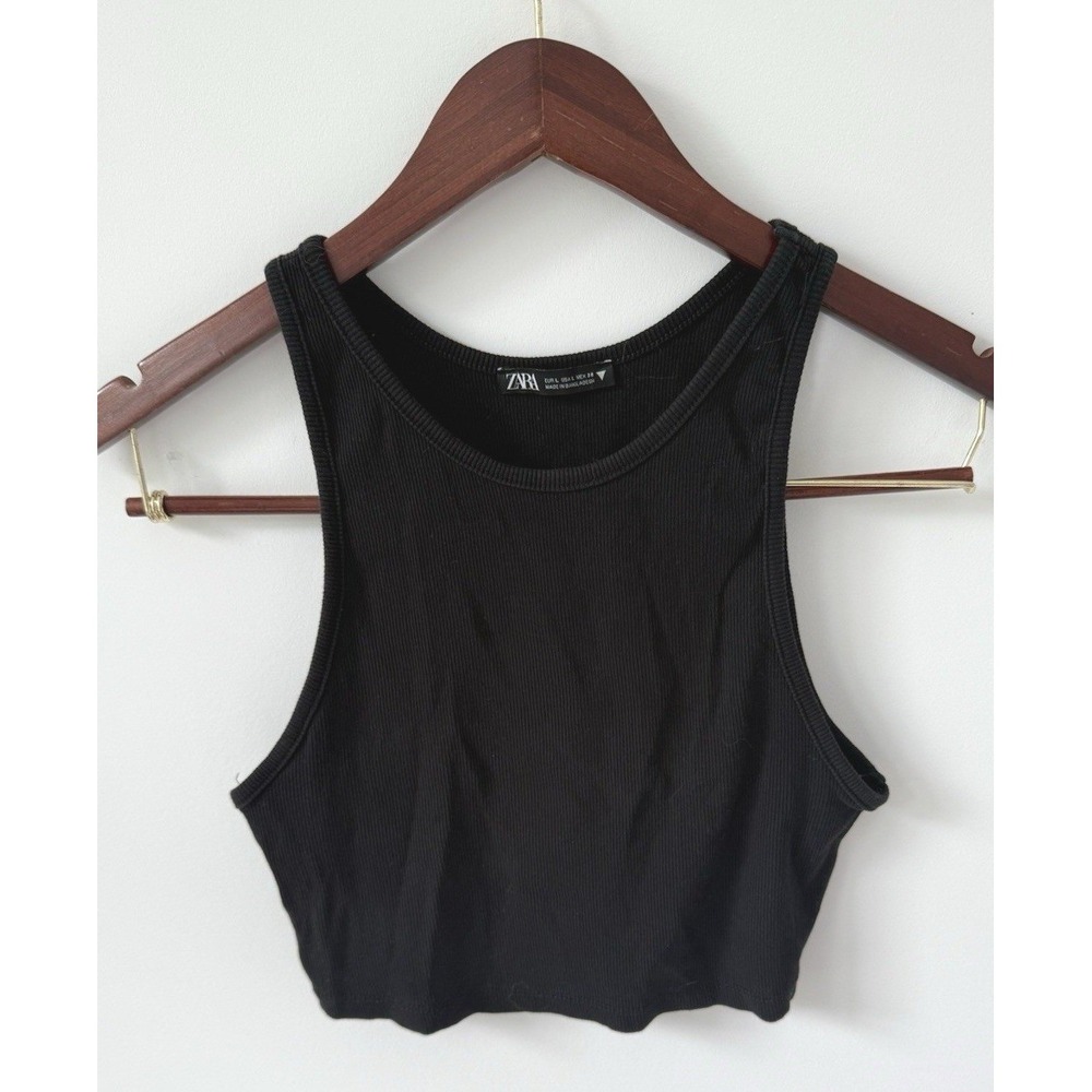 Zara‎ Womans Black Basic Crew Neck Ribbed Knit Crop Tank Top Size Large Staple